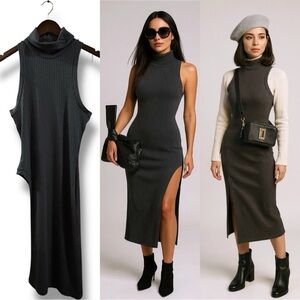 231 Nasty Gal |NWOT Bulgaria Charcoal Sleeveless Ribbed Turtleneck Dress(Sz S)